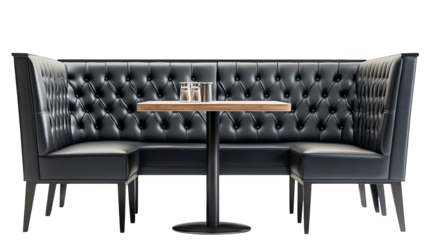 Stylish black leather booth seating with a wooden table, perfect for cafes and restaurants, offering comfort and elegance.