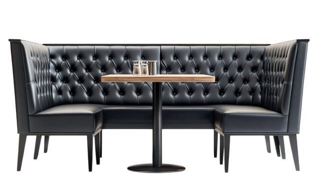 Stylish black leather booth seating with a wooden table, perfect for cafes and restaurants, offering comfort and elegance.