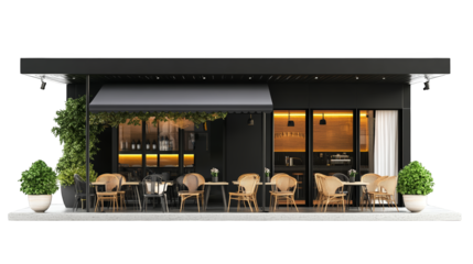Stylish modern cafe exterior with outdoor seating, lush greenery, and warm lighting, perfect for relaxation and social gatherings.