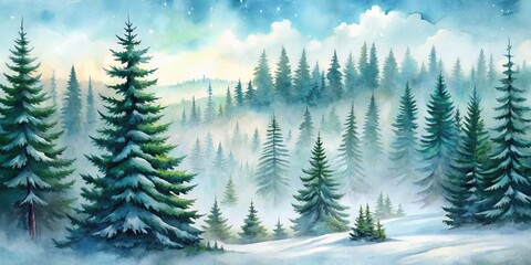 Obraz premium Enchanted Watercolor Forest, Watercolor Painting, Snowy Landscape, Pine Trees , winter forest , snowy trees, foggy forest