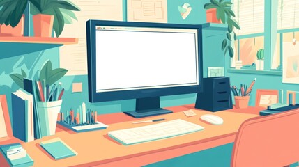 Fototapeta premium A colorful workspace featuring a computer, stationery, and plants.