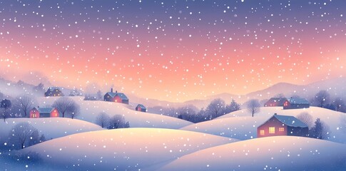 Naklejka premium Snowy Landscape with Houses and a Pink Sunset Sky