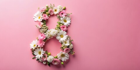 Floral Number Eight on Pink Background, flower arrangement, 8th march, women's day