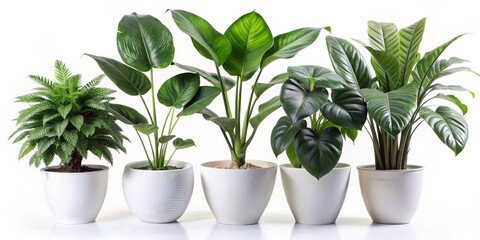 Fototapeta premium Four Green Plants in White Pots, White Background, Potted Plants, Indoor Plants, Home Decor