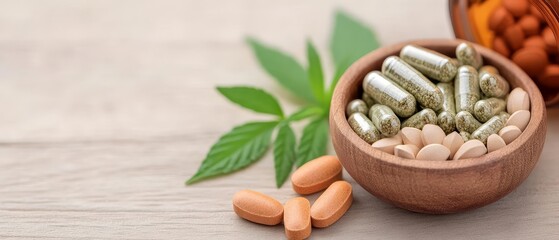 A variety of herbal supplements and capsules arranged in a wooden bowl, showcasing health and wellness concepts.