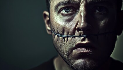 A man with sewn shut mouth symbolizing the suppression of voting rights and democracy