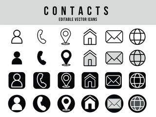 ditable Contacts Vector Icons Set - Phone, Email, Location, and Address Symbols for UI, Web Design, and Communication Graphics