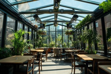 Fototapeta premium A restaurant featuring a glass roof filled with various plants.