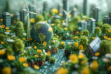 Vibrant 3D collage celebrates Earth Day, showcasing wind turbines, solar panels, and rich greenery, all elegantly arranged around a globe, highlighting our commitment to a sustainable future
