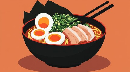 A Bowl of Ramen with Eggs, Pork, and Green Onions