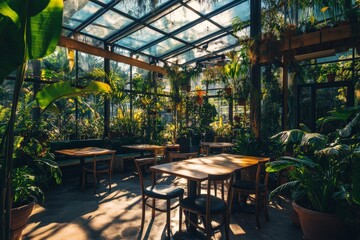 Fototapeta premium Inside a greenhouse with tables and chairs.