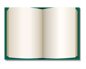 Two page spread of a green book. Realistic mockup open book in hardcover. Blank open book with shadows isolated on wight background. Top view. Vector illustration