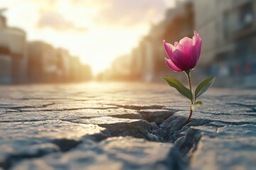Pink flower growing through cracked pavement at sunrise