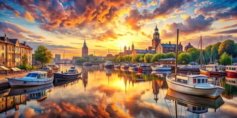 Golden Hour Reflections on the Harbor, Boats, Water, Sunset, Twilight, Sky