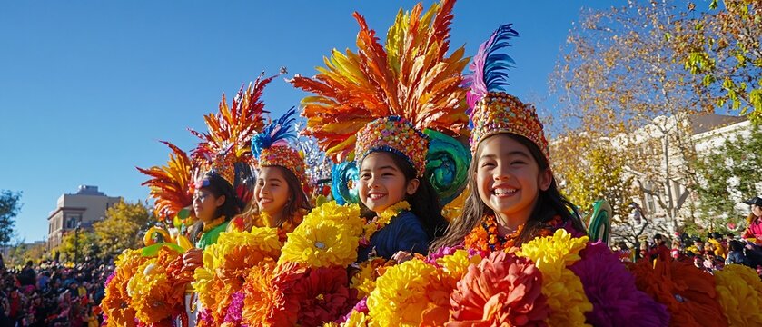 Festive Thanksgiving Parad girl Diverse Cultural Floats, Families Celebrating Under Clear Skies