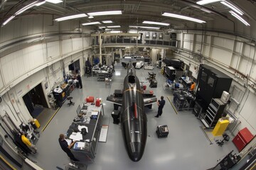 Workers servicing an airplane inside a hangar.