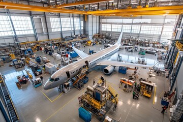 Naklejka premium Workers in a factory with surrounding equipment