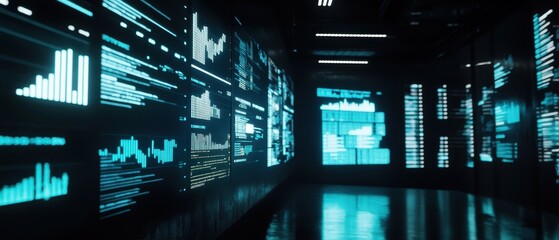 Futuristic Data Center with Digital Screens Displaying Graphs and Analytics in a Dark Room