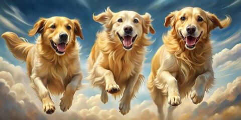 Golden Retriever Trio Soaring Through Clouds, Digital Painting, Three Golden Retrievers, Dog, Clouds, Sky,