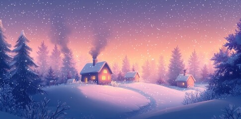 Fototapeta premium Cozy Cabins Nestled in a Snowy Forest Under a Pink and Purple Sky