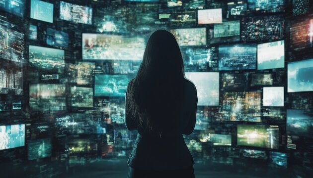 A woman immersed in the world of big data from streaming services and social media platforms