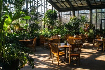 Fototapeta premium Greenhouse dining area with tables, chairs, and plants
