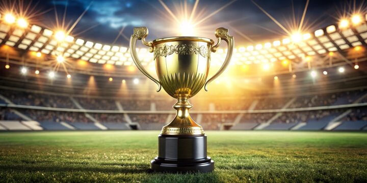 Golden Trophy on Green Grass Field at Stadium, Championship, Trophy, Sports