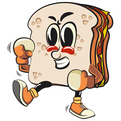 sandwich bread cartoon character mascot retro vector design practicing boxing wearing boxing glove, work of hand drawn