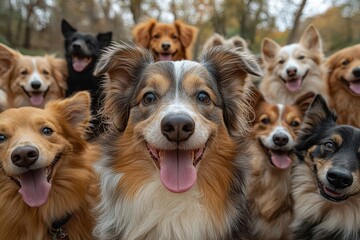 playful group of diverse dog breeds posing for a selfie tongues out and ears perked against a softfocus park background
