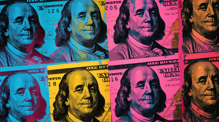 Pop art, American dollar bills with the portrait of Benjamin Franklin on each bill in different colors