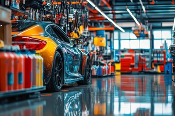 Colorful auto body shop featuring paint cans, spraying equipment, and a car on a hydraulic lift
