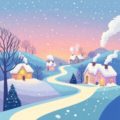 Naklejka premium Snowy Winter Landscape with Houses and a Winding Road