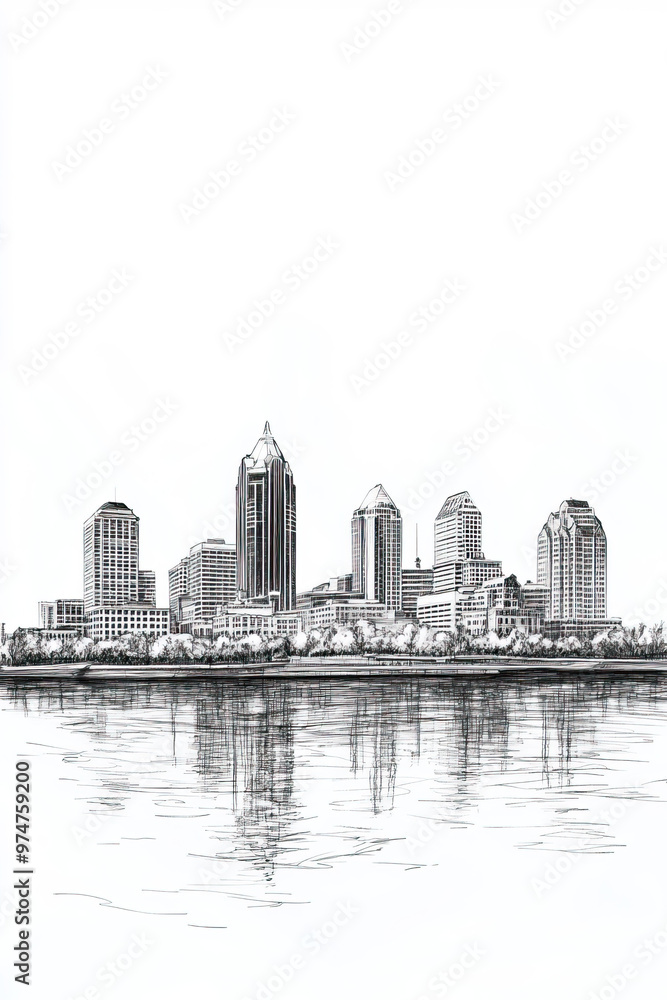 Wall mural Louisville, Kentucky, black and white pen pencil hand-drawn effect portrait drawing illustration for travel poster, card, wallpaper, backdrop or banner. Modern, clear, artistic and simple