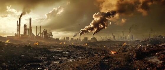Fototapeta premium Industrial Landscape with Factories Emitting Smoke and Flames in a Polluted Environment Under a Dramatic Sky