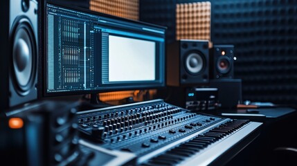 Fototapeta premium A modern music studio featuring a keyboard, audio interface, and speakers for sound production.