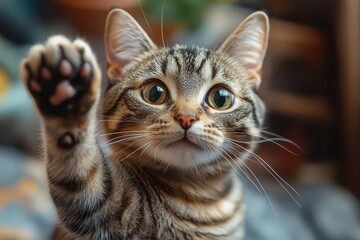 playful tabby cat with outstretched paw giving high five to human hand sunlit room with soft focus background cats eyes sparkle with intelligence and mischief