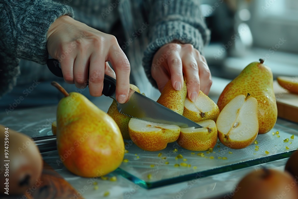 Poster Person Cutting Pears on a Cutting Board