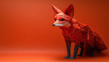 An origami fox crafted from orange paper, standing alert against a solid orange background