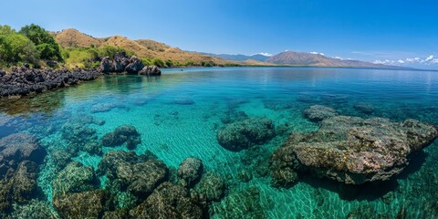 Fototapeta premium Clear blue water over rocky seabed.