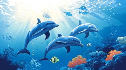 Fototapeta premium Three dolphins swim through a vibrant coral reef, bathed in sunlight.