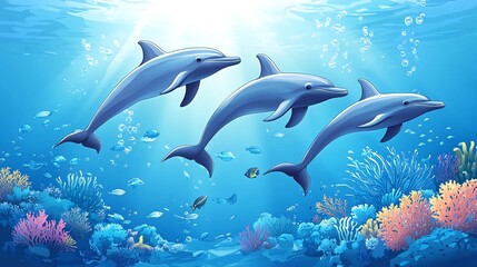 Fototapeta premium Three dolphins swimming in a blue ocean with coral reefs in the background.