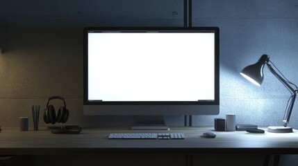 A modern workspace featuring a large monitor, keyboard, and accessories on a wooden desk.