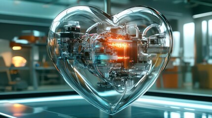 A large glass heart floating, filled with bioengineering technology and futuristic medical devices