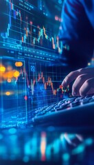 Businessman analyzing financial data with digital charts and holograms for success in modern finance