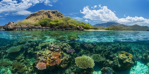 Naklejka premium Island with a beach, clear water, and vibrant coral reefs.