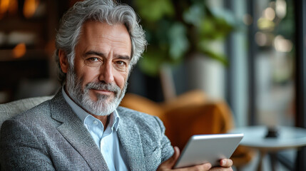 Obraz premium Smiling man in a suit uses a tablet while sitting in a cafe.