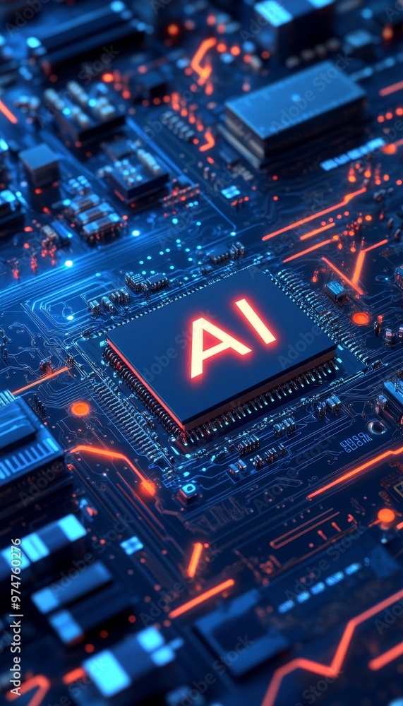 Poster 3d illustration of ai text on a circuit board, representing artificial intelligence technology