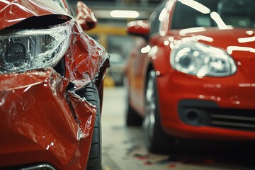 Fototapeta premium Close up view of damaged silver and red cars after collision in a bright workshop setting
