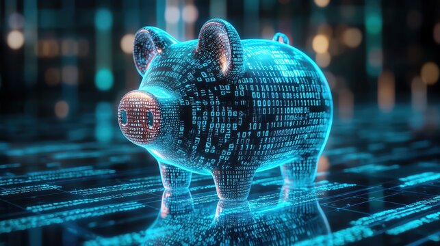 Digital piggy bank made of binary code, glowing blue, representing fintech