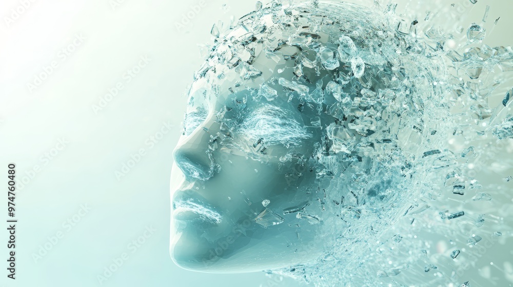 Poster 3d glass robot head with floating water droplets and digital data in a soft blue gradient